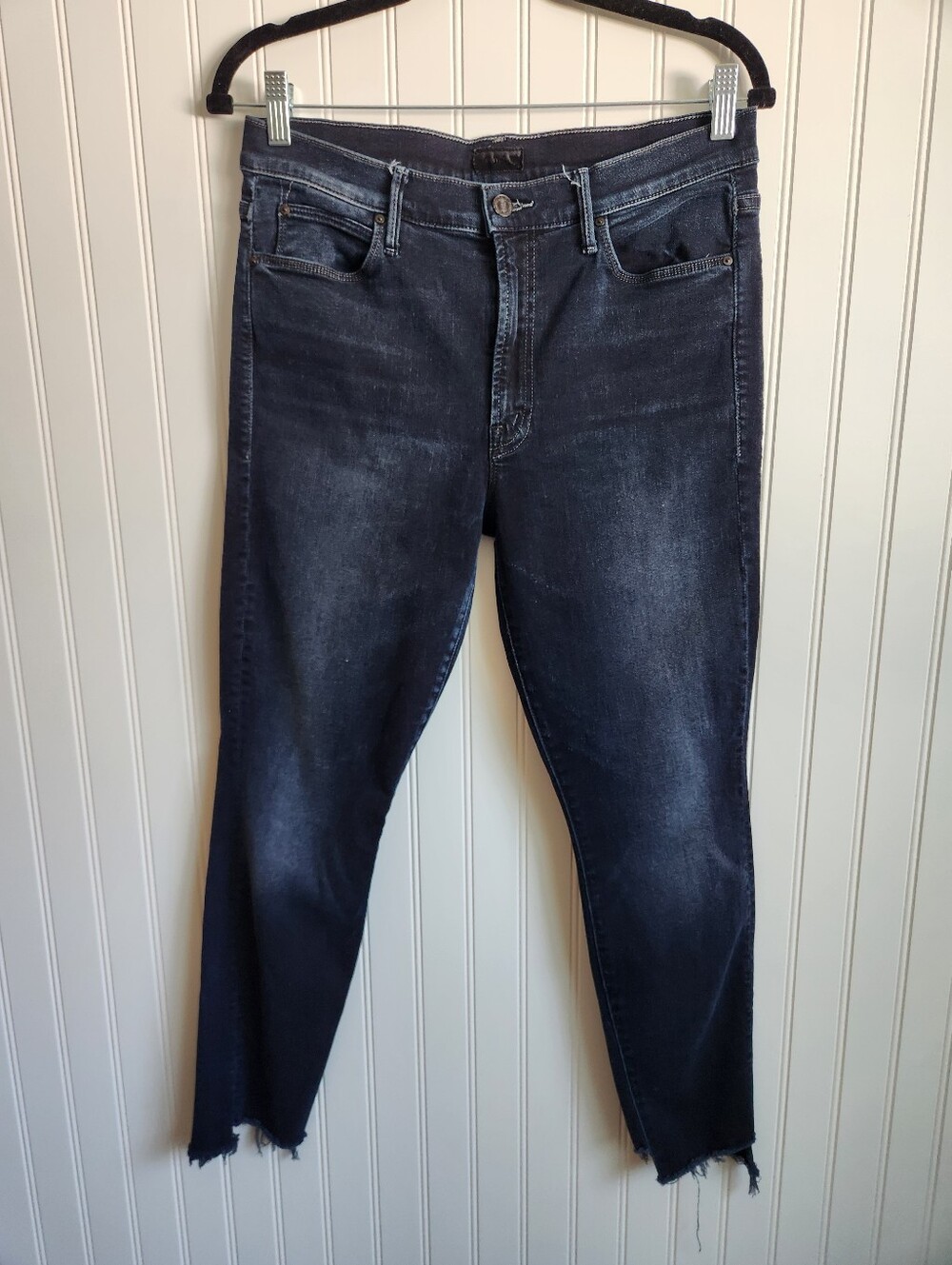 MOTHER Dark Blue Wash Stunner Zip Two Step Fray Skinny Jeans 31